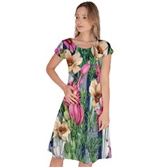 Big And Bright Watercolor Flowers Classic Short Sleeve Dress by GardenOfOphir