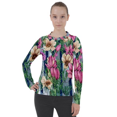 Big And Bright Watercolor Flowers Women s Pique Long Sleeve Tee by GardenOfOphir