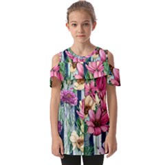 Big And Bright Watercolor Flowers Fold Over Open Sleeve Top by GardenOfOphir