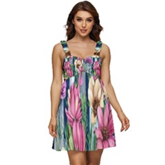 Big And Bright Watercolor Flowers Ruffle Strap Babydoll Chiffon Dress