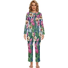 Big And Bright Watercolor Flowers Womens  Long Sleeve Lightweight Pajamas Set by GardenOfOphir