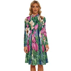 Big And Bright Watercolor Flowers Long Sleeve Shirt Collar A-line Dress