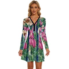 Big And Bright Watercolor Flowers Long Sleeve Deep V Mini Dress  by GardenOfOphir