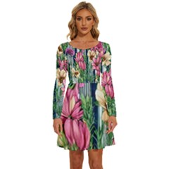 Big And Bright Watercolor Flowers Long Sleeve Wide Neck Velvet Dress