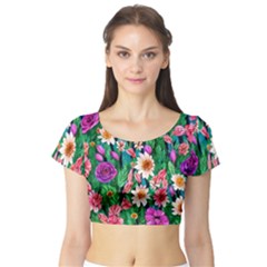 Creative Crimson Crisp Watercolor Flowers Short Sleeve Crop Top by GardenOfOphir