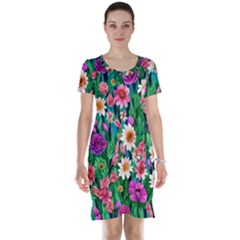 Creative Crimson Crisp Watercolor Flowers Short Sleeve Nightdress