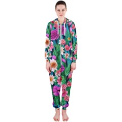 Creative Crimson Crisp Watercolor Flowers Hooded Jumpsuit (ladies)