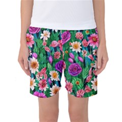 Creative Crimson Crisp Watercolor Flowers Women s Basketball Shorts