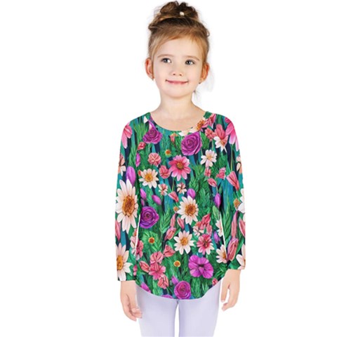 Creative Crimson Crisp Watercolor Flowers Kids  Long Sleeve Tee by GardenOfOphir