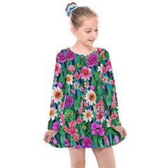 Creative Crimson Crisp Watercolor Flowers Kids  Long Sleeve Dress by GardenOfOphir