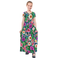 Creative Crimson Crisp Watercolor Flowers Kids  Short Sleeve Maxi Dress by GardenOfOphir