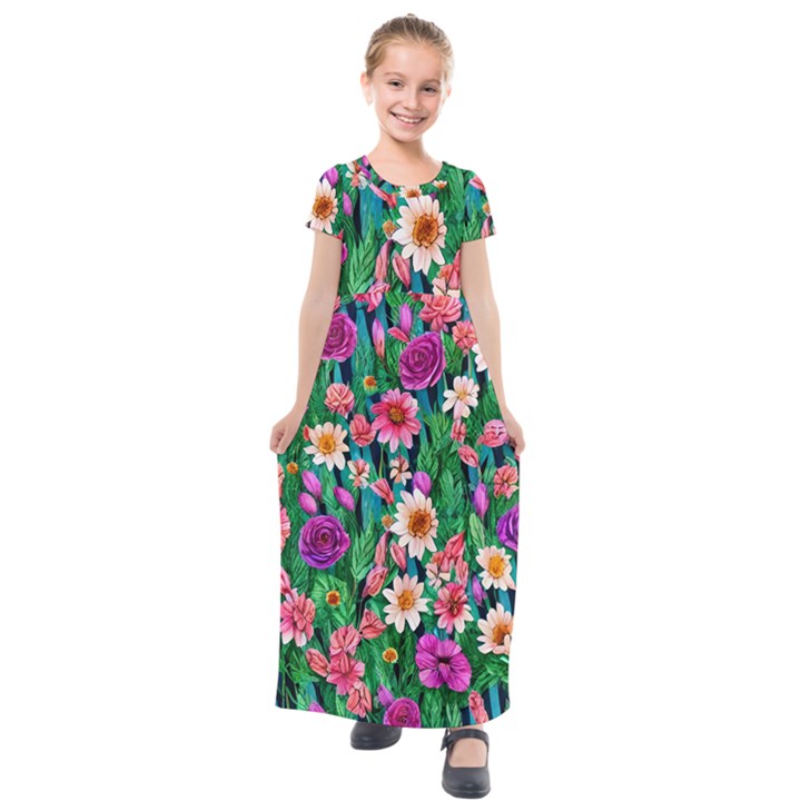 Creative Crimson Crisp Watercolor Flowers Kids  Short Sleeve Maxi Dress