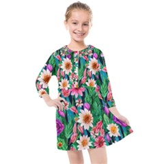 Creative Crimson Crisp Watercolor Flowers Kids  Quarter Sleeve Shirt Dress by GardenOfOphir