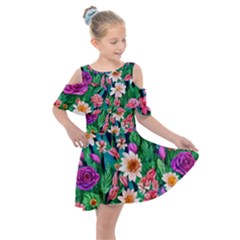 Creative Crimson Crisp Watercolor Flowers Kids  Shoulder Cutout Chiffon Dress by GardenOfOphir