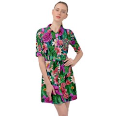 Creative Crimson Crisp Watercolor Flowers Belted Shirt Dress by GardenOfOphir