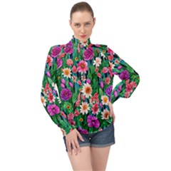 Creative Crimson Crisp Watercolor Flowers High Neck Long Sleeve Chiffon Top by GardenOfOphir