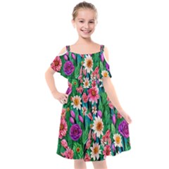 Creative Crimson Crisp Watercolor Flowers Kids  Cut Out Shoulders Chiffon Dress by GardenOfOphir