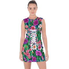 Creative Crimson Crisp Watercolor Flowers Lace Up Front Bodycon Dress by GardenOfOphir