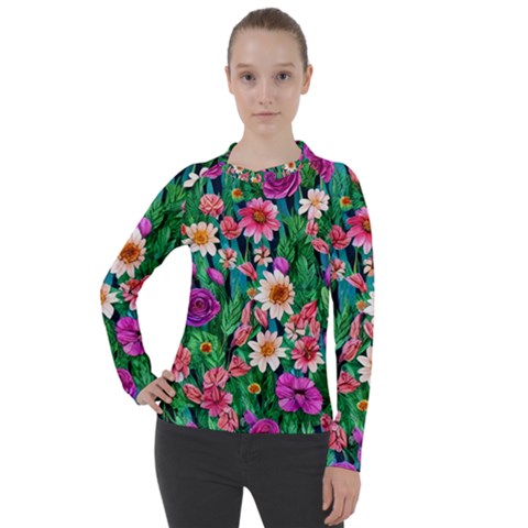 Creative Crimson Crisp Watercolor Flowers Women s Pique Long Sleeve Tee by GardenOfOphir