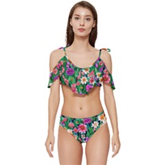 Creative Crimson Crisp Watercolor Flowers Ruffle Edge Tie Up Bikini Set	