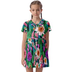 Creative Crimson Crisp Watercolor Flowers Kids  Asymmetric Collar Dress by GardenOfOphir