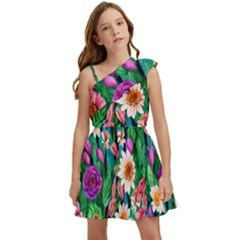 Creative Crimson Crisp Watercolor Flowers Kids  One Shoulder Party Dress by GardenOfOphir