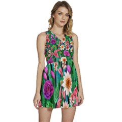 Creative Crimson Crisp Watercolor Flowers Sleeveless High Waist Mini Dress