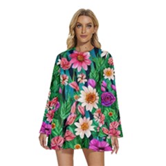 Creative Crimson Crisp Watercolor Flowers Round Neck Long Sleeve Bohemian Style Chiffon Mini Dress