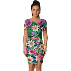 Creative Crimson Crisp Watercolor Flowers Fitted Knot Split End Bodycon Dress