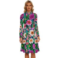 Creative Crimson Crisp Watercolor Flowers Long Sleeve Shirt Collar A-line Dress