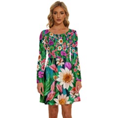 Creative Crimson Crisp Watercolor Flowers Long Sleeve Wide Neck Velvet Dress