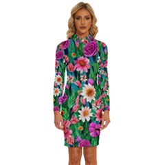 Creative Crimson Crisp Watercolor Flowers Long Sleeve Shirt Collar Bodycon Dress