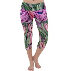 Chic Choice Classic Watercolor Flowers Capri Yoga Leggings by GardenOfOphir