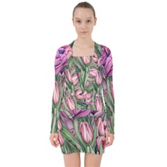 Chic Choice Classic Watercolor Flowers V-neck Bodycon Long Sleeve Dress by GardenOfOphir