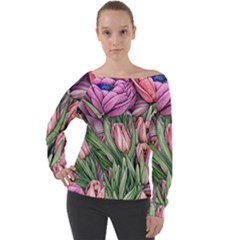 Chic Choice Classic Watercolor Flowers Off Shoulder Long Sleeve Velour Top by GardenOfOphir