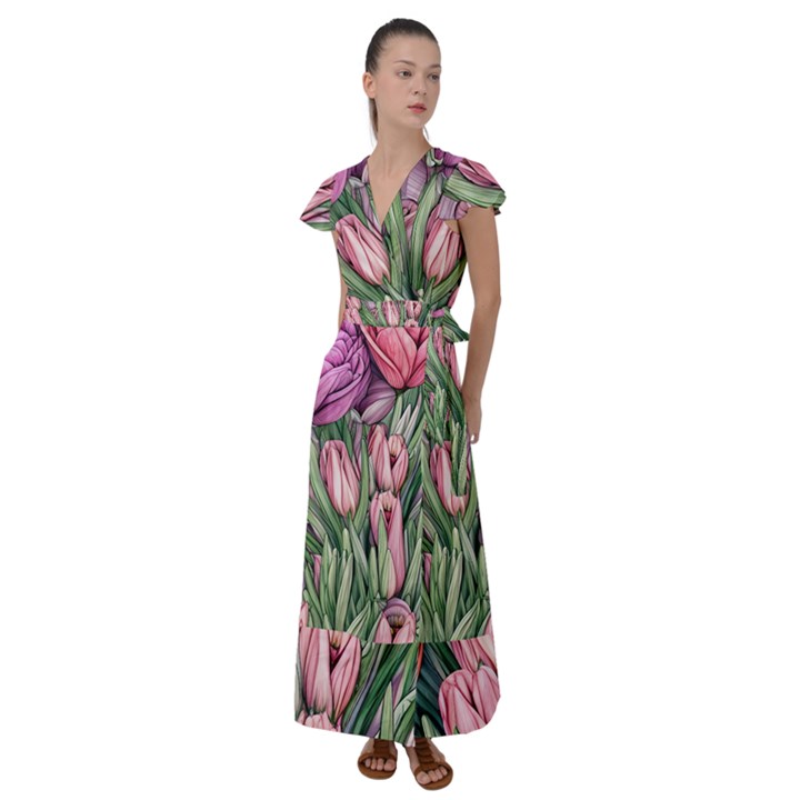 Chic Choice Classic Watercolor Flowers Flutter Sleeve Maxi Dress