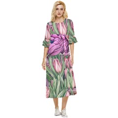 Chic Choice Classic Watercolor Flowers Double Cuff Midi Dress by GardenOfOphir