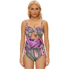 Chic Choice Classic Watercolor Flowers Knot Front One-piece Swimsuit by GardenOfOphir