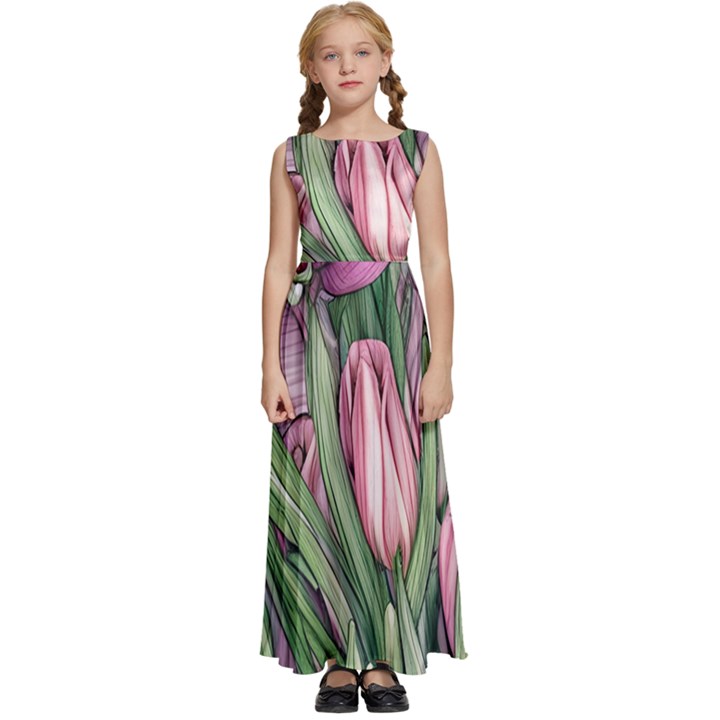 Chic Choice Classic Watercolor Flowers Kids  Satin Sleeveless Maxi Dress