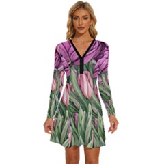 Chic Choice Classic Watercolor Flowers Long Sleeve Deep V Mini Dress 