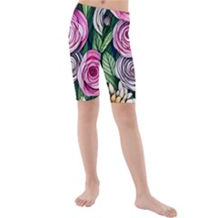 Breathtaking Bright Brilliant Watercolor Flowers Kids  Mid Length Swim Shorts by GardenOfOphir