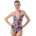 Breathtaking Bright Brilliant Watercolor Flowers Halter Cut-Out One Piece Swimsuit View1