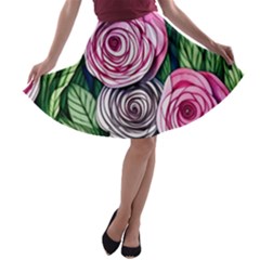 Breathtaking Bright Brilliant Watercolor Flowers A-line Skater Skirt by GardenOfOphir