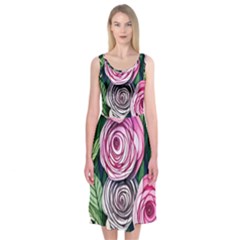 Breathtaking Bright Brilliant Watercolor Flowers Midi Sleeveless Dress by GardenOfOphir