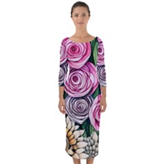 Breathtaking Bright Brilliant Watercolor Flowers Quarter Sleeve Midi Bodycon Dress by GardenOfOphir