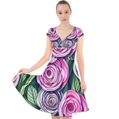 Breathtaking Bright Brilliant Watercolor Flowers Cap Sleeve Front Wrap Midi Dress by GardenOfOphir