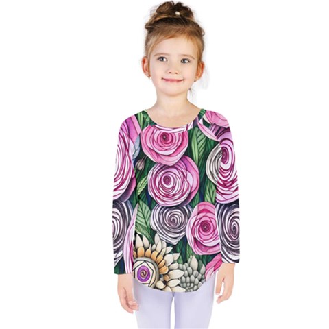 Breathtaking Bright Brilliant Watercolor Flowers Kids  Long Sleeve Tee by GardenOfOphir