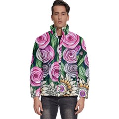 Breathtaking Bright Brilliant Watercolor Flowers Men s Puffer Bubble Jacket Coat by GardenOfOphir