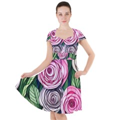 Breathtaking Bright Brilliant Watercolor Flowers Cap Sleeve Midi Dress by GardenOfOphir