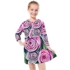 Breathtaking Bright Brilliant Watercolor Flowers Kids  Quarter Sleeve Shirt Dress by GardenOfOphir